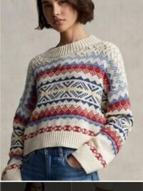 Polo by Ralph Lauren Cream Fair Isle Crewneck Sweater with Red & Blue Detail